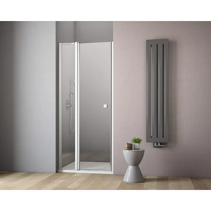 GEO Hit Nischendusche B-N200 - 90 x 202,2 cm, Beschichtet, Silber, 6 mm - Duschkabine mit klappbarer Tür und Heizkörper im Badezimmer. Die Duschkabine hat einen silbernen Rahmen und Klarglas.