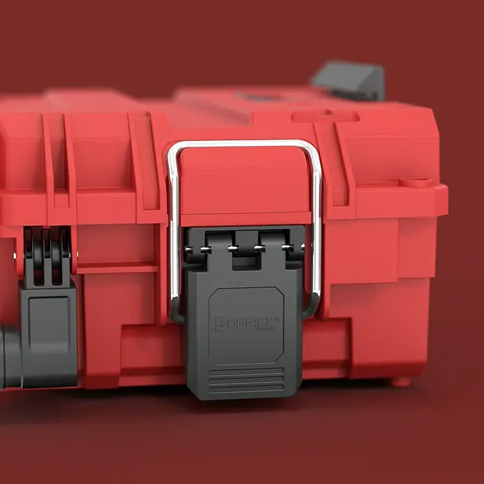 Qbrick System Werkzeugkoffer Prime 150 V - L x B x H: 53,5 x 32,7 x 14,1 cm, Traglast: 50 kg, Polypropylen - Roter und schwarzer Industriekoffer mit silbernem Griff und "QBRICK SYSTEM" Logo auf einem schwarzen Verschluss, auf rotem Hintergrund.