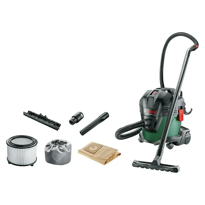 Bosch Elektro-Nass- & Trockensauger UniversalVac 15 - 1.000 W, Max. Unterdruck: 24.000 Pa, 15 l - Abbildung des Bosch UniversalVac 15 Nass- und Trockensaugers mit Zubehör, ideal für Werkstatt und Haus.