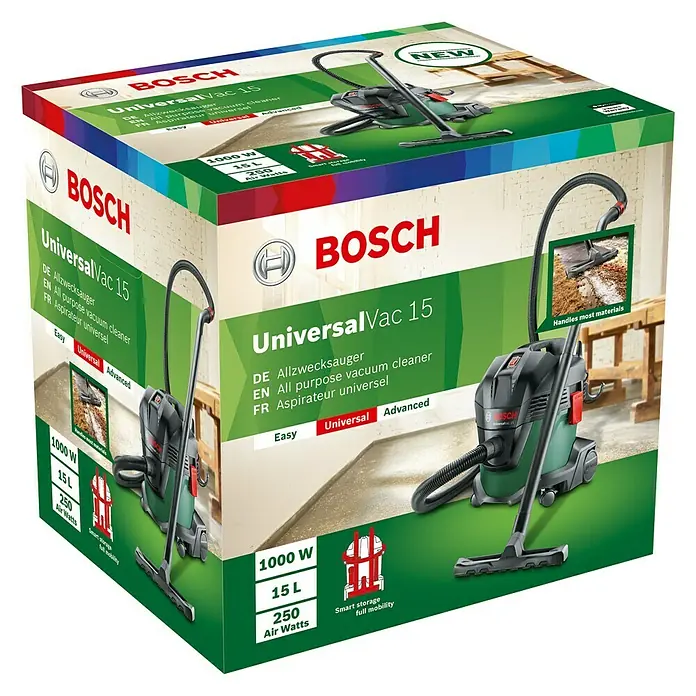 Bosch Elektro-Nass- & Trockensauger UniversalVac 15 - 1.000 W, Max. Unterdruck: 24.000 Pa, 15 l - Bild einer Bosch UniversalVac 15 Allzwecksauger-Verpackung.