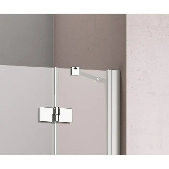 GEO Hit Nischendusche B-N300 - 90 x 200 cm, Unbeschichtet, Silber, 6 mm, DIN Anschlag: Rechts - Nahaufnahme einer modernen Duschkabine mit silbernen Beschlägen und klarem Glas, die ein minimalistisches und elegantes Design zeigt.