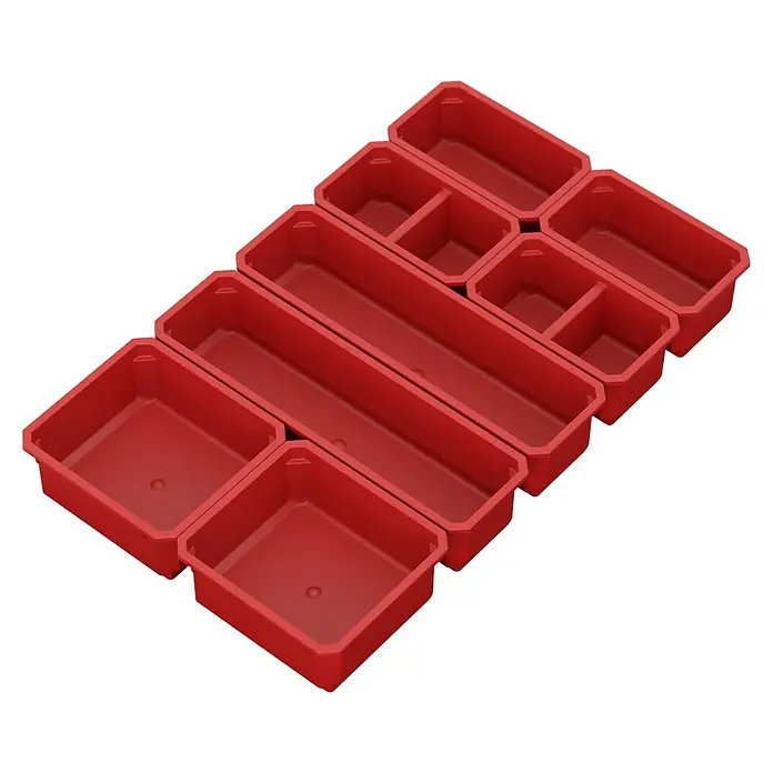 Qbrick System Kleinteileeinsatz - L x B x H: 38,5 x 34,5 x 7,5 cm, Anzahl Fächer: 6 Stk. - Set verschiedener roter Kunststoff-Schubladenorganizer für modulare Aufbewahrungslösungen.
