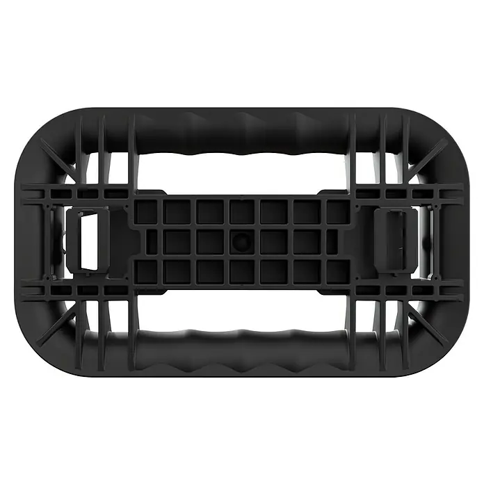 Qbrick System Kabelroller Kabelaufroller mit Elektroleiste - L x B x H: 33,3 x 19,7 x 9,2 cm - Schwarze Kunststoff-Unterseite einer rechteckigen Basis mit Gitterverstärkung und integrierten Griffen.