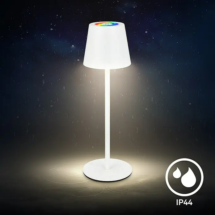 Brilo Akku-Tischleuchte Cilano - L x B x H: 12 x 12 x 36 cm, RGBW, 1 Stk., Weiß - Ein RGB-Touch-Nachtischlampe, ideal für den Außenbereich. Die Lampe ist wasserdicht und verfügt über eine IP44-Zertifizierung.