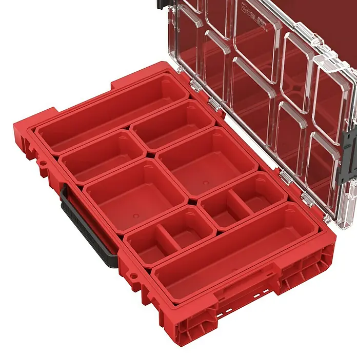 Qbrick System Kleinteilekoffer Pro Organizer 100 - L x B x H: 29,6 x 45 x 7,9 cm, Anzahl Fächer: 8 Stk. - Roter Kunststoff-Organizer mit mehreren Fächern und offenem, transparentem Deckel.