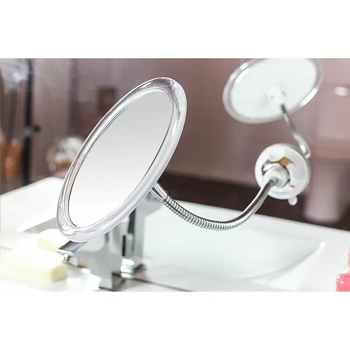 Deblanch Espejo cosmético orientable - 20 x 29,5 cm, Redonda, Blanco, Aumento 1: 300 %, Aumento 2: 700 % - Este espejo de maquillaje cuenta con un cuello de cisne flexible, perfecto para aplicar maquillaje o afeitarse. Las ventosas garantizan una sujeción segura.