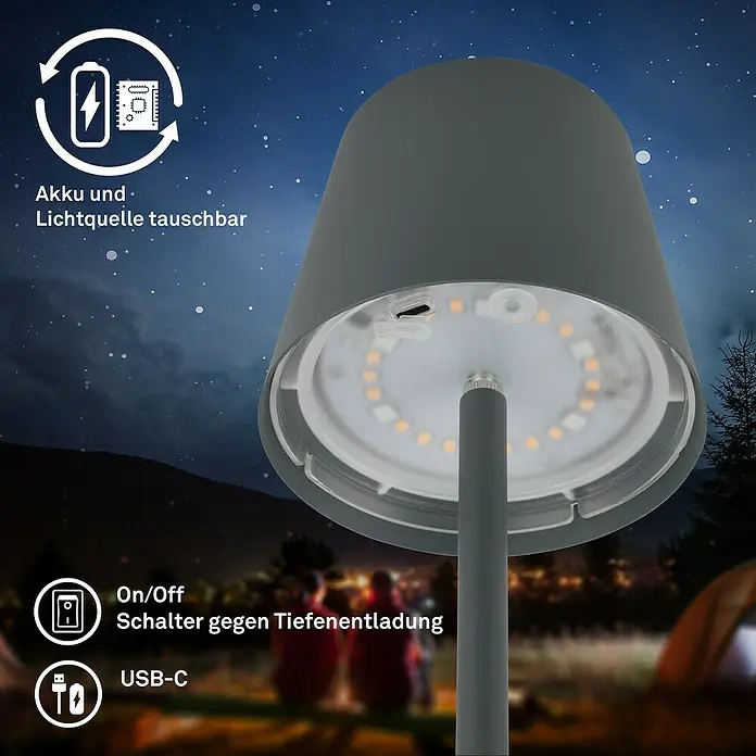 Brilo Akku-Tischleuchte Cilano - L x B x H: 15 x 42 x 36 cm, RGBW, 3 Stk., Schwarz - Produktansicht einer Tischlampe mit auswechselbarer Batterie und Lichtquelle. Das Licht ist ideal für Campingausflüge und Outdoor-Aktivitäten.