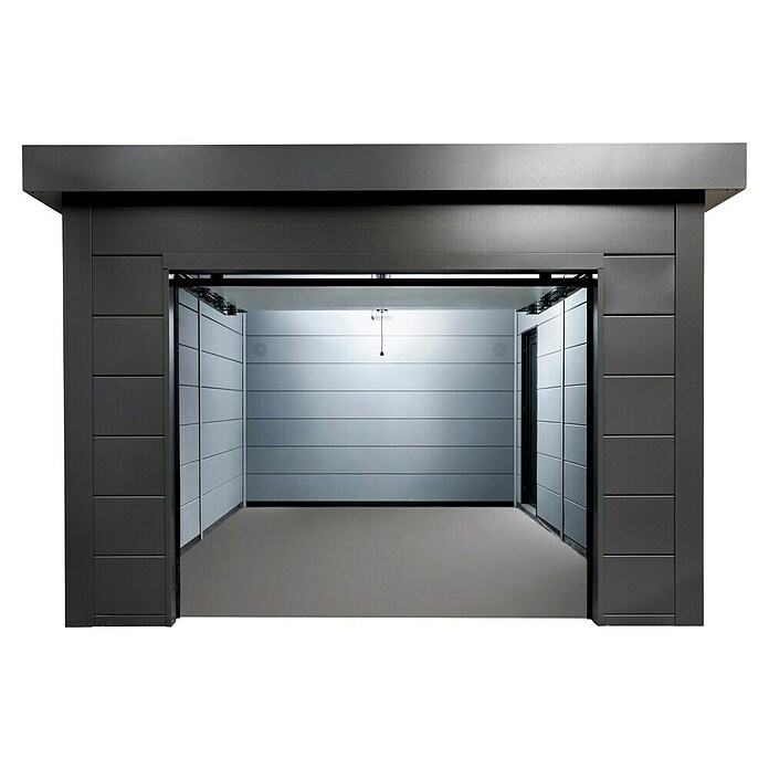 Telluria Garage Classico 3654G inkl. Elektro-Set und Innenwandverkleidung (Außenmaß inkl. Dachüberstand (B x T): 388 x 568 cm, Stahl, Weiß, Elektro-Set) | BAUHAUS