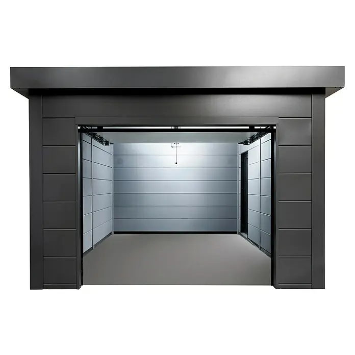 Telluria Garage Classico 3663G inkl. Elektro-Set und Innenwandverkleidung - Außenmaß inkl. Dachüberstand (B x T): 388 x 658 cm, Anthrazit, Stahl, Elektro-Set - Innenansicht eines Garagentors, das die solide Konstruktion und das moderne Design des Produkts hervorhebt.