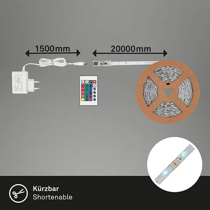Brilo LED-Stripes Flexband - 20 m, RGB, 25 W - Abbildung eines LED-Streifens mit Zubehör, der kürzbar ist. Länge des Streifens: 20000 mm, Kabellänge: 1500 mm.