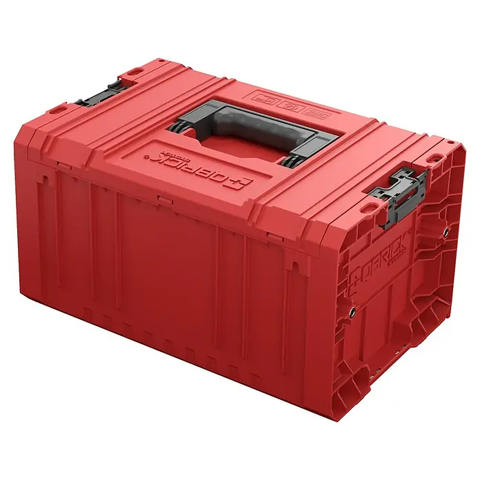 Qbrick System Werkzeugkasten Pro Drawer 2.0 - L x B x H: 45 x 31 x 24,4 cm, Traglast: 12 kg, Polypropylen - Rote modulare Werkzeugkiste mit schwarzem Griff und Verschlüssen zur Werkzeugaufbewahrung und zum Transport.