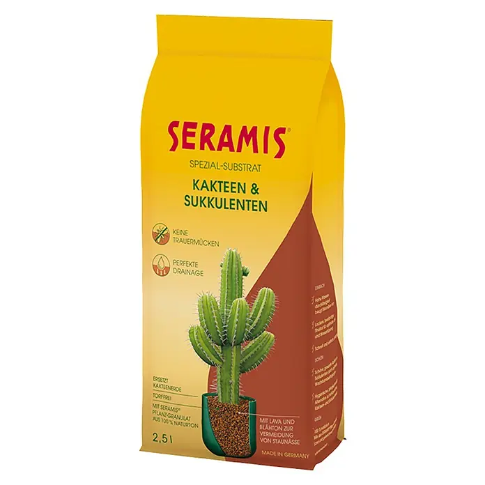 Seramis Kakteenerde - 2,5 l, Torffrei - Seramis Spezial-Substrat für Kakteen und Sukkulenten im gelben Sack. Torffrei, mit Lava und Blähton zur Vermeidung von Staunässe.