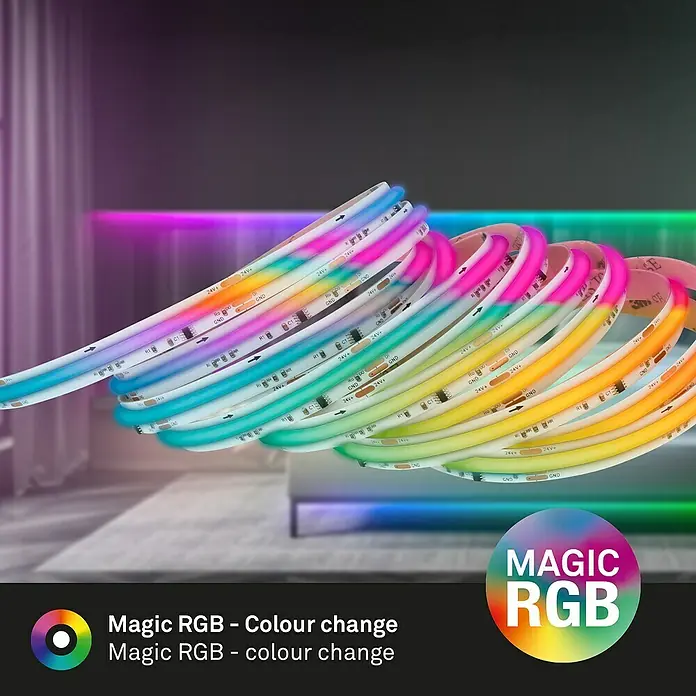 Brilo LED-Stripes COB - Länge: 3 m, RGB, 22 W - Ein aufgerolltes, farbwechselndes RGB LED Band, das für magische Beleuchtungseffekte sorgt.