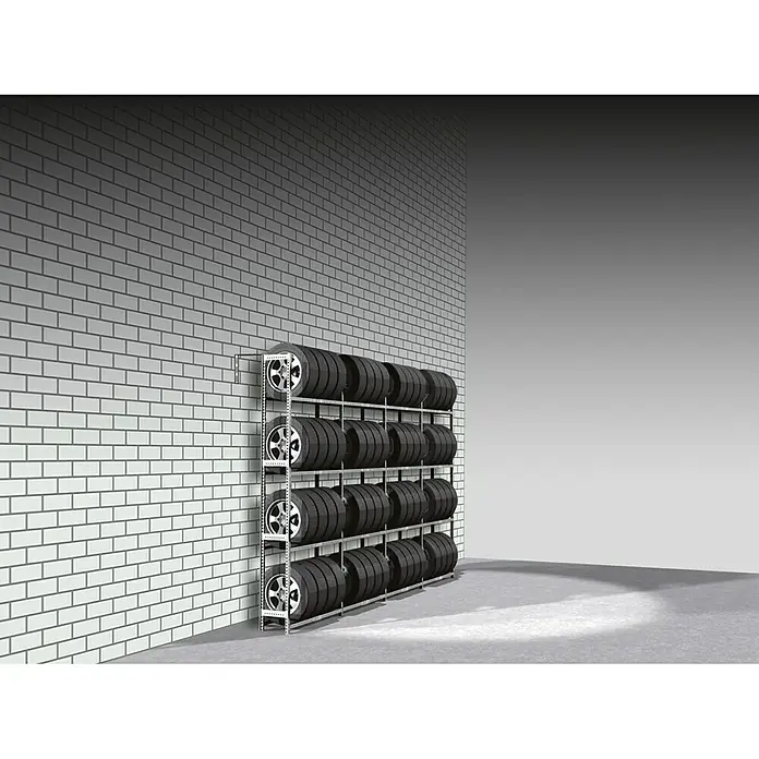 Scholz Reifenregal Grundelement - H x B x T: 300 x 129 x 32 cm, Traglast pro Träger: 200 kg, Anzahl Träger: 4 Stk., Stecken, Silber - Reifenregal mit mehreren Reifen in einem Raum mit Ziegelwand und Betonboden zur Lagerung von Autoreifen.