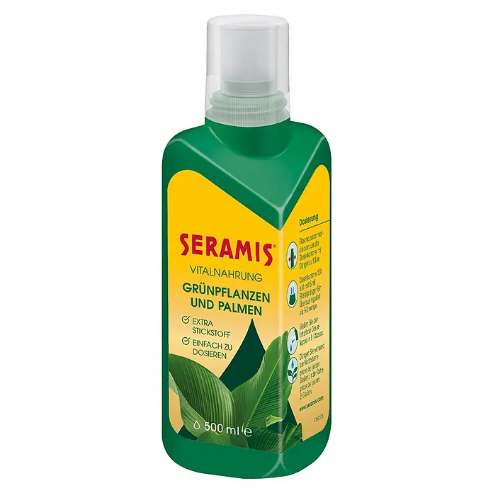 Seramis Flüssigdünger - 500 ml, Geeignet für: Grünpflanzen - Seramis Vitalnahrung für Grünpflanzen und Palmen. Ein grüner Behälter mit gelbem Etikett, ideal für die Pflanzenpflege.