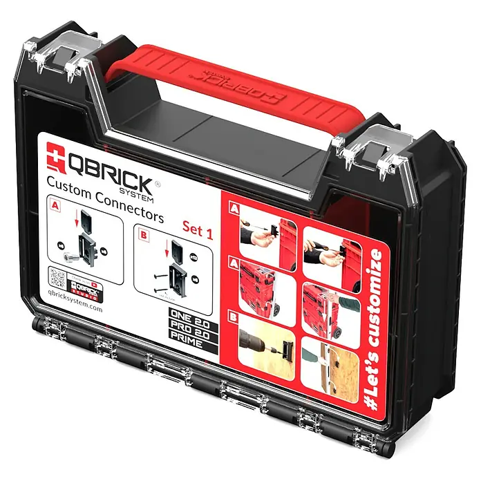 Qbrick System Kleinteilekoffer - L x B x H: 18,2 x 25,7 x 6,5 cm, Passend für: QBRICK SYSTEM ONE 2.0 / PRO 2.0 / PRIME - Schwarzes Qbrick System Custom Connectors Set 1 im Klarsichtdeckel-Koffer mit rotem Griff. Enthält Verbinder und Anleitungen für modulare Werkzeugsysteme.