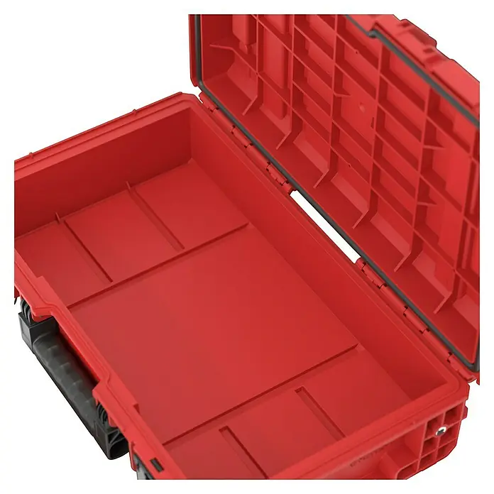 Qbrick System Werkzeugkoffer Prime 150 V - L x B x H: 53,5 x 32,7 x 14,1 cm, Traglast: 50 kg, Polypropylen - Offener roter Hartplastik-Aufbewahrungskoffer mit Innenfächern.