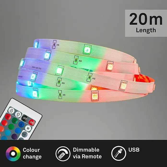 Brilo LED-Stripes Flexband - 20 m, RGB, 25 W - Ein 20 m langes, farbwechselndes LED-Band mit Fernbedienung und USB-Anschluss für stimmungsvolle Beleuchtung im ganzen Raum.