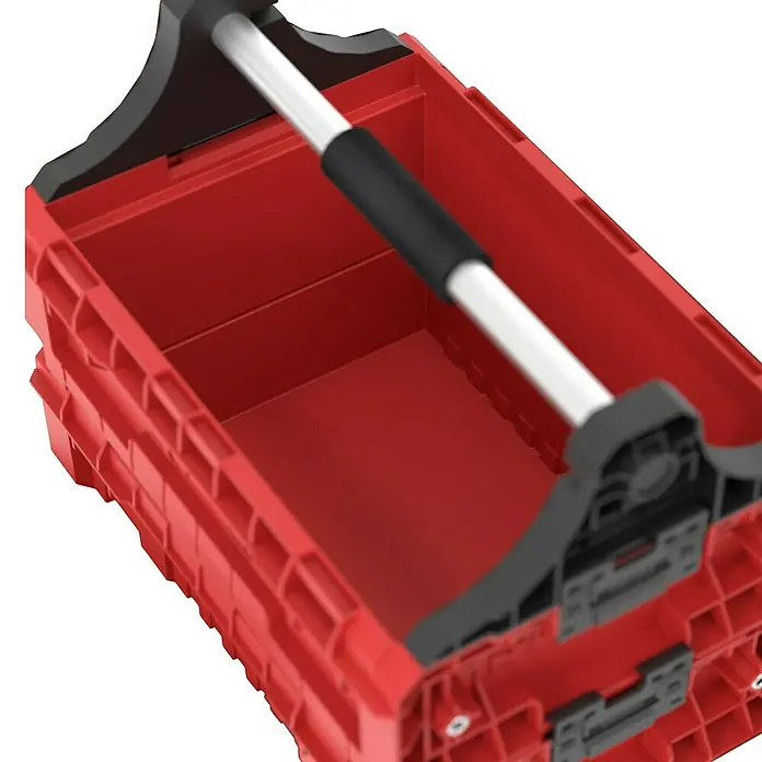 Qbrick System Werkzeugkasten Pro Modular Tray - L x B x H: 46,5 x 31 x 36,7 cm, Traglast: 18 kg, Polypropylen - Rote offene Kunststoff-Werkzeugkiste mit schwarzem und silbernem Griff zum Aufbewahren von Werkzeugen.