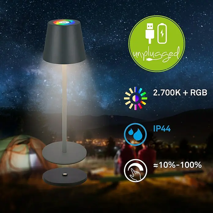 Brilo Akku-Tischleuchte Cilano - L x B x H: 12 x 12 x 36 cm, RGBW, 1 Stk., Schwarz - Elegante Akku-Tischleuchte mit Farbwechsel, ideal für Camping oder den Garten. Die Lampe ist dimmbar und spritzwassergeschützt.