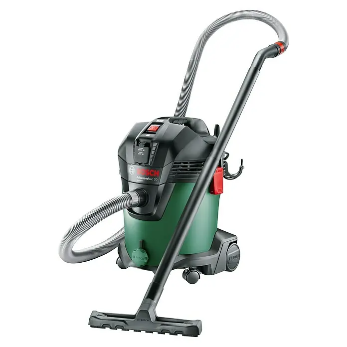 Bosch Elektro-Nass- & Trockensauger AdvancedVac 201.200 W, Behältervolumen: 20 l - Das Bild zeigt einen Bosch AdvancedVac 20 Nass- und Trockensauger in Grün und Schwarz mit Zubehör vor einem schwarzen Hintergrund.