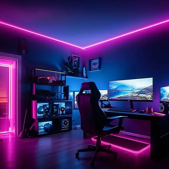 Brilo LED-Stripes COB - Länge: 3 m, RGB, 22 W - Ein modernes Gaming-Zimmer mit Neonbeleuchtung, das eine lebendige Atmosphäre für ein intensives Spielerlebnis schafft.