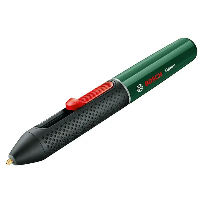 Bosch Akku-Heißklebestift Gluey - Farbe: Evergreen - Das Bild zeigt einen Bosch Gluey Heißklebestift in Grün mit rotem Schieber und schwarzem Griff. Ein praktisches Werkzeug für schnelle Klebeaufgaben.