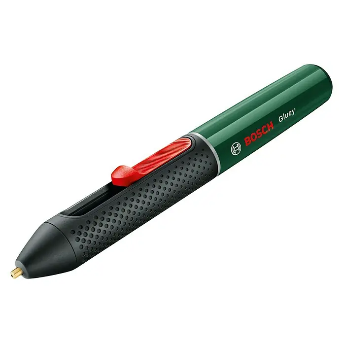 Bosch Akku-Heißklebestift GlueyFarbe: Evergreen - Das Bild zeigt einen Bosch Gluey Heißklebestift in Grün mit rotem Schieber und schwarzem Griff. Ein praktisches Werkzeug für schnelle Klebeaufgaben.
