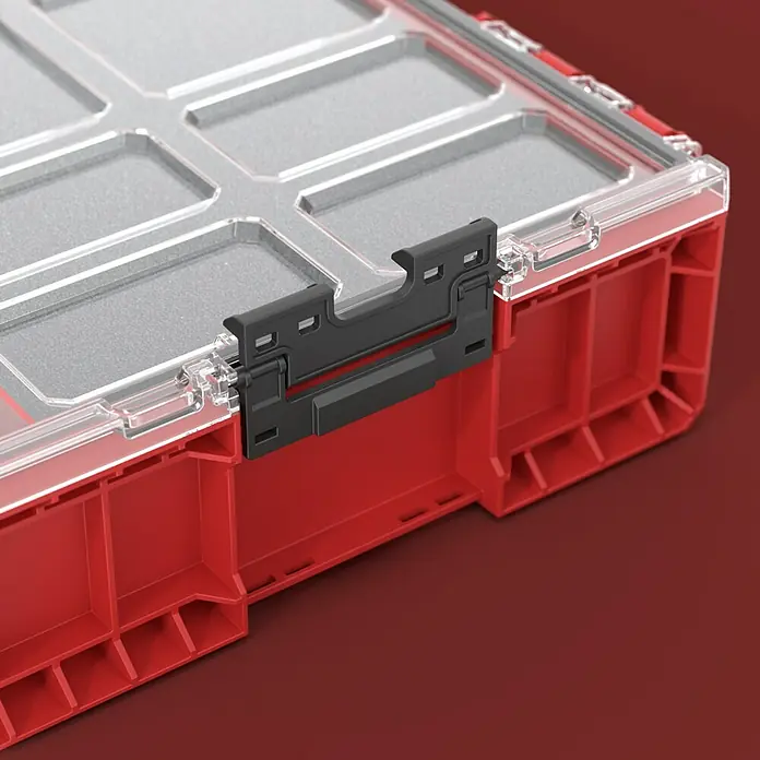 Qbrick System Kleinteilekoffer Pro Organizer 300 MFI - L x B x H: 45 x 35,8 x 11 cm, Anzahl Fächer: 3 Stk., Traglast: 25 kg - Roter modularer Organizer aus Kunststoff mit transparentem Deckel und schwarzem Verschluss.