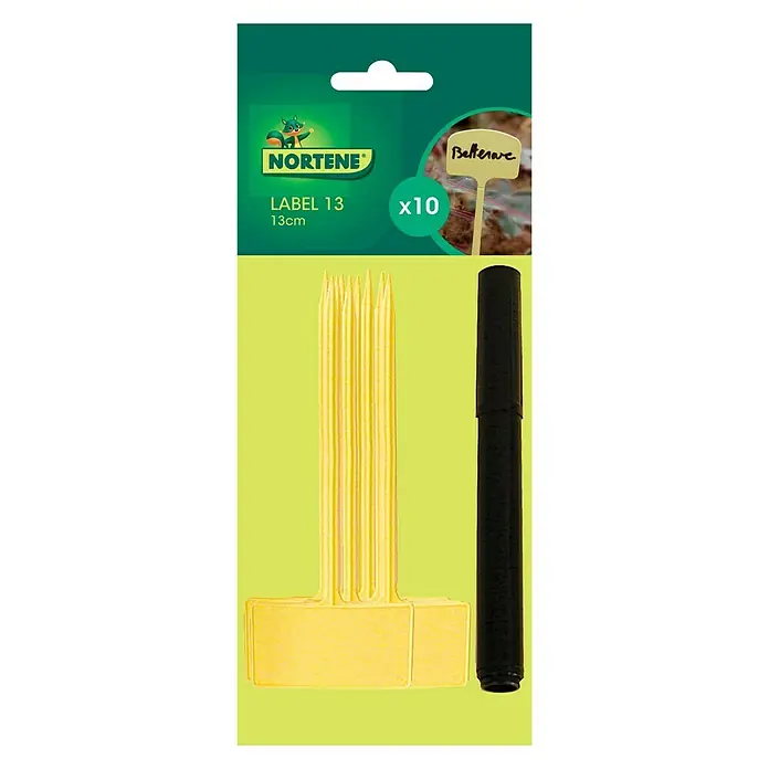 Nortene Etiqueta para plantas Label 13 - 10 ud., L x An: 5 x 3 cm, Amarillo - Imagen de un paquete de 10 etiquetas de jardín Nortene con bolígrafos. Ideal para etiquetar plantas y realizar un seguimiento de tu jardín.