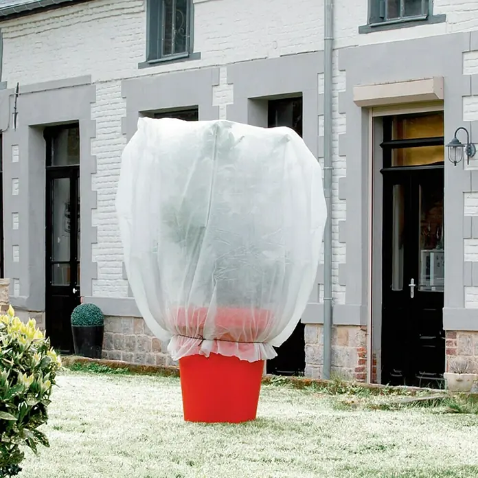 Nortene Protección invernal Hiversac - Blanco - Una maceta con funda de protección invernal delante de una casa. La funda protege la planta del frío y las heladas.