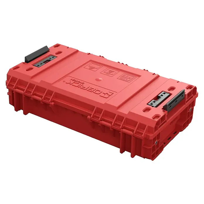 Qbrick System Werkzeugkoffer Prime 150 V - L x B x H: 53,5 x 32,7 x 14,1 cm, Traglast: 50 kg, Polypropylen - Roter, robuster Kunststoff-Werkzeugkoffer mit schwarzen Verschlüssen und Prägungen, für Werkzeuge oder Ausrüstung.