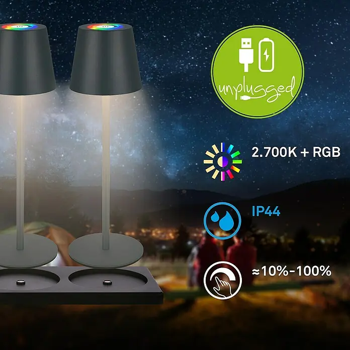 Brilo Akku-Tischleuchte Cilano - L x B x H: 15 x 42 x 36 cm, RGBW, 3 Stk., Schwarz - Bild von zwei kabellosen Tischlampen mit RGB-Beleuchtung und Touch-Bedienung, ideal für den Außenbereich mit IP44 Schutz und Dimmfunktion.