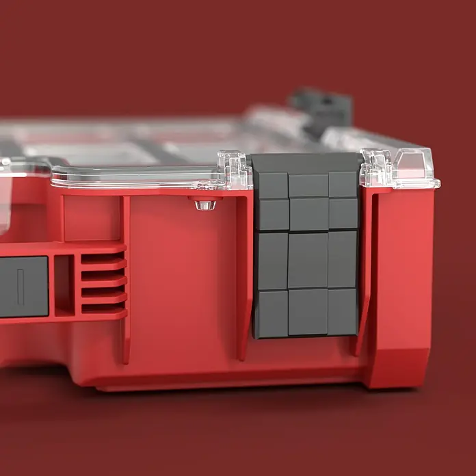 Qbrick System Kleinteilekoffer Pro Organizer 300 MFI - L x B x H: 45 x 35,8 x 11 cm, Anzahl Fächer: 3 Stk., Traglast: 25 kg - Roter und grauer modularer Aufbewahrungsbehälter mit transparentem Deckel, zeigt Stecksystem und grauen Verschluss.