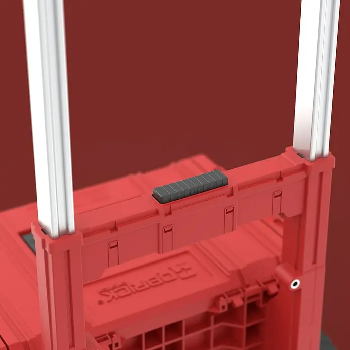 Qbrick System Systemkoffer Pro 2.0 Plus - L x B x H: 49 x 41,5 x 66 cm, Polypropylen - Rote modulare Werkzeugkiste mit ausziehbarem silber-grauem Griff.