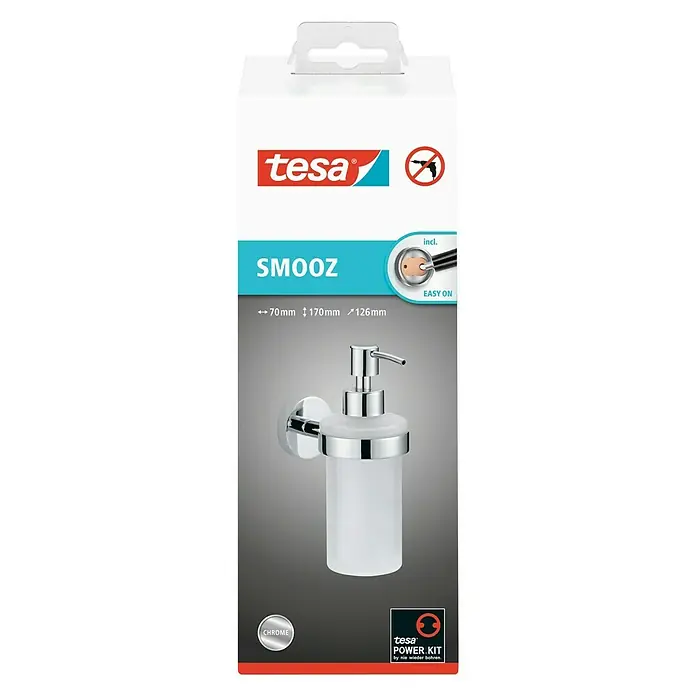 Tesa Smooz Seifenspender - Mit Halterung, Metall, Satiniert/Chrom - Bild einer Tesa SMOOZ Seifenspender-Verpackung mit Abmessungen und dem Hinweis auf einfache Montage.