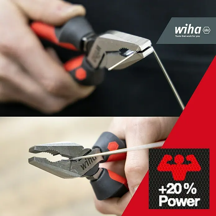 Wiha Kombizange Industrial - Länge: 18 cm - Rot-schwarze Wiha Zange im Einsatz, Draht schneidend/haltend, mit „+20% Power“ Logo.
