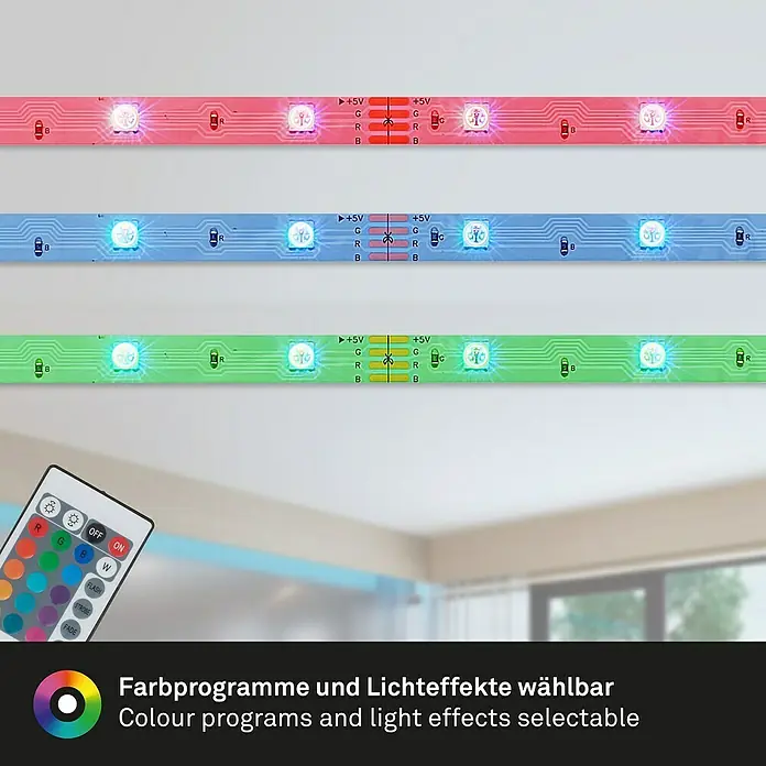 Brilo LED-Stripes Flexband - 20 m, RGB, 25 W - RGB-LED-Streifen mit Fernbedienung zur Auswahl von Farbprogrammen und Lichteffekten für eine stimmungsvolle Beleuchtung.