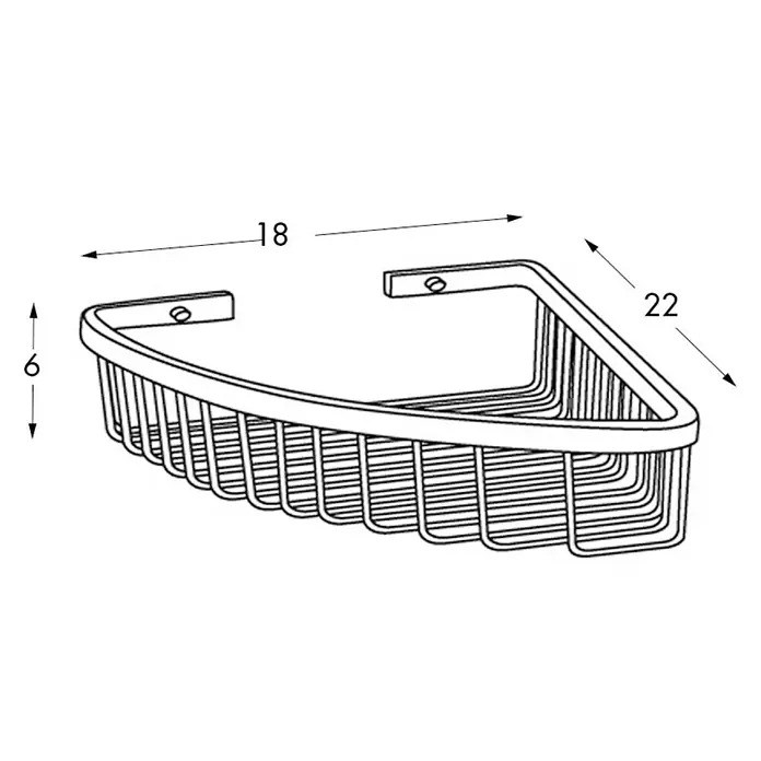 Tatay Cesta de baño angular Ice - L x An x Al: 18 x 22 x 6,5 cm, Plateado - Imagen de una estantería de ducha esquinera de alambre con dimensiones. Perfecto para guardar artículos de baño.