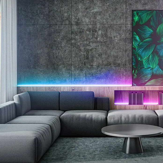 Brilo LED-Stripes COB - Länge: 3 m, RGB, 22 W - Modernes Wohnzimmer mit grauem Ecksofa, Couchtisch und LED-Beleuchtung für ein stilvolles Ambiente. Das Sofa ist bequem und lädt zum Entspannen ein.
