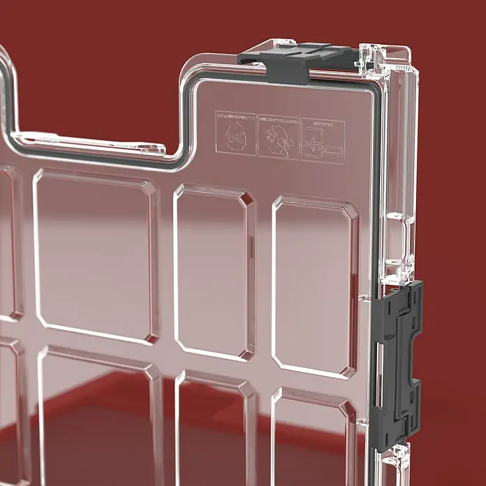 Qbrick System Kleinteilekoffer Pro Organizer 300 MFI - L x B x H: 45 x 35,8 x 11 cm, Anzahl Fächer: 3 Stk., Traglast: 25 kg - Transparente Kunststoff-Schutzabdeckung mit dunkelgrauen Dichtungen und Verschlüssen, mit geprägten Anleitungssymbolen.