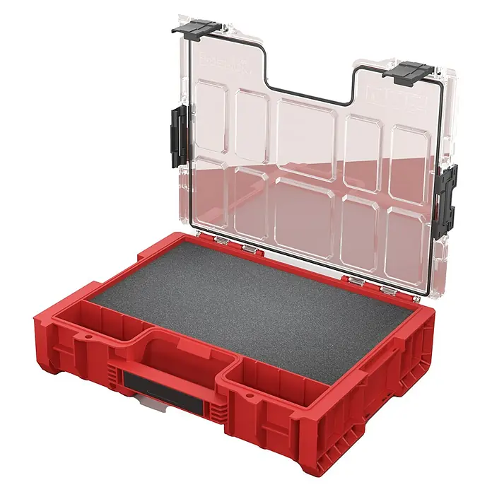 Qbrick System Kleinteilekoffer Pro Organizer 300 MFI - L x B x H: 45 x 35,8 x 11 cm, Anzahl Fächer: 3 Stk., Traglast: 25 kg - Offener roter Werkzeugkoffer mit transparentem Deckel und schwarzer Schaumstoffeinlage.
