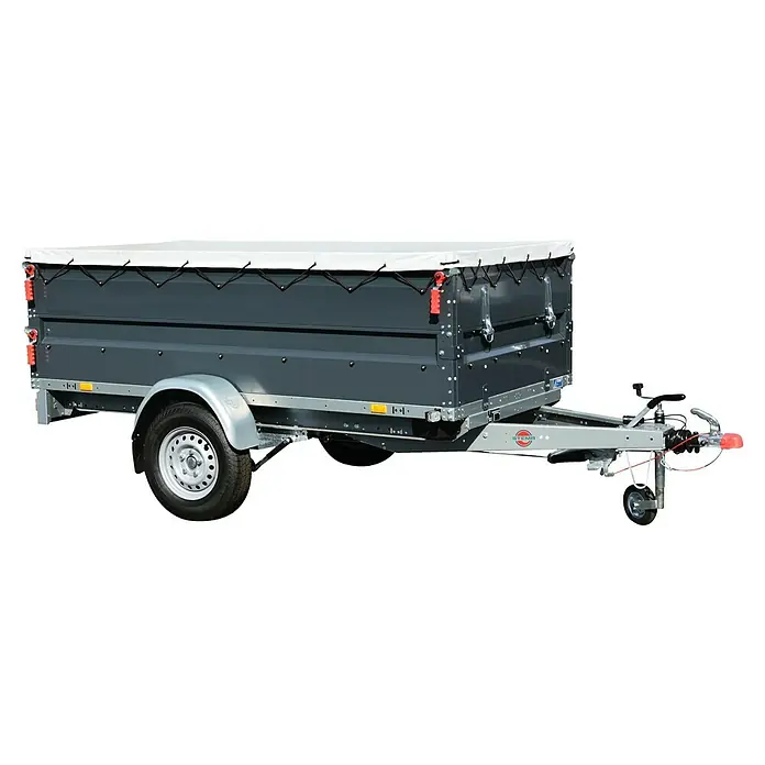 Stema Anhänger Basic ST 1300-25-13.1 - Nutzlast: 982 kg, Einachser, Kasteninnenmaß: 251 x 128 x 35 cm, Gebremst - Hier ist ein grauer Stema Anhänger mit weißer Plane. Ideal für den Transport von Gütern und Materialien aller Art.