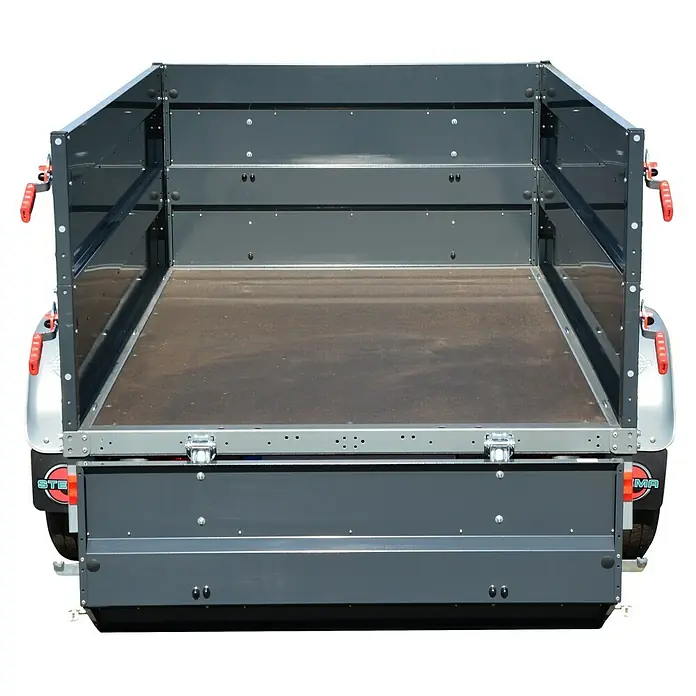 Stema Anhänger Basic ST 1300-25-13.1 - Nutzlast: 982 kg, Einachser, Kasteninnenmaß: 251 x 128 x 35 cm, Gebremst - Ansicht eines PKW-Anhängers mit grauen Wänden und einer dunklen Ladefläche, der Stabilität und Funktionalität für vielfältige Transportaufgaben bietet.