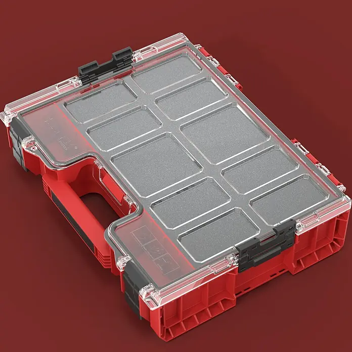 Qbrick System Kleinteilekoffer Pro Organizer 300 MFI - L x B x H: 45 x 35,8 x 11 cm, Anzahl Fächer: 3 Stk., Traglast: 25 kg - Rote, modulare Organizerbox mit transparentem Deckel und mehreren Fächern, Griff und schwarzen Verschlüssen.