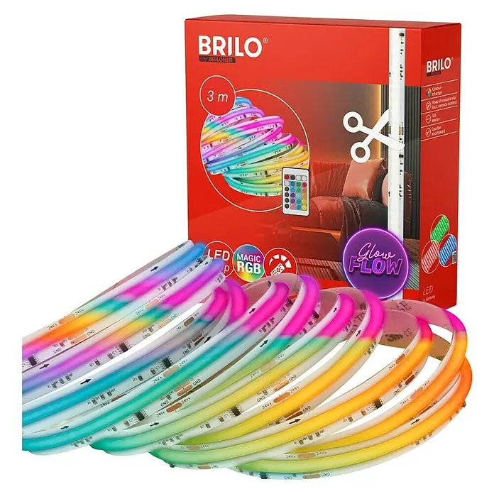 Brilo LED-Stripes COB - Länge: 3 m, RGB, 22 W - Ein 3 m langer, farbwechselnder Brilo LED-Lichtstreifen mit Fernbedienung für stimmungsvolle Beleuchtung im Haus.