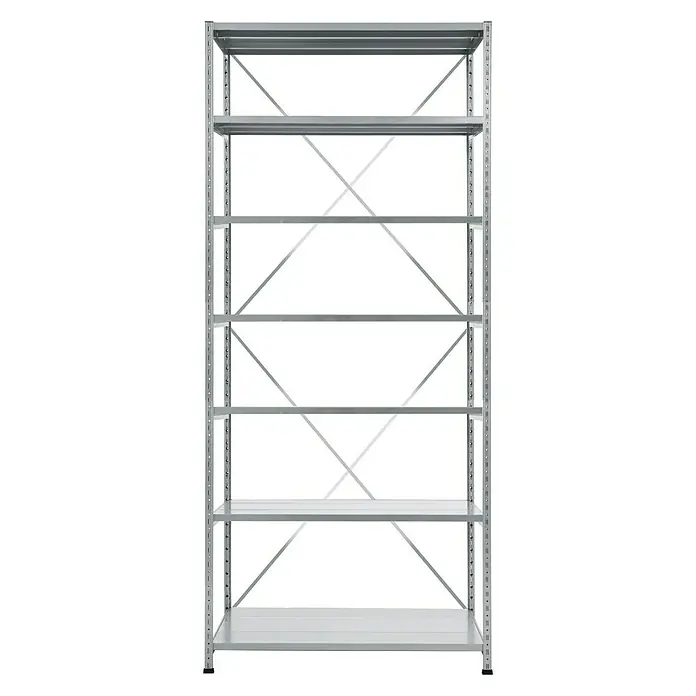 Scholz Metallregal SE - Höhe: 300 cm, B x T: 105 x 60 cm, Traglast pro Boden: 200 kg, Anzahl Böden: 7 Stk., Stecken, Silber - Abbildung eines silbernen Metallregals mit sechs Fächern und einer stabilen Konstruktion. Das Regal ist ideal für Lagerung und Organisation.