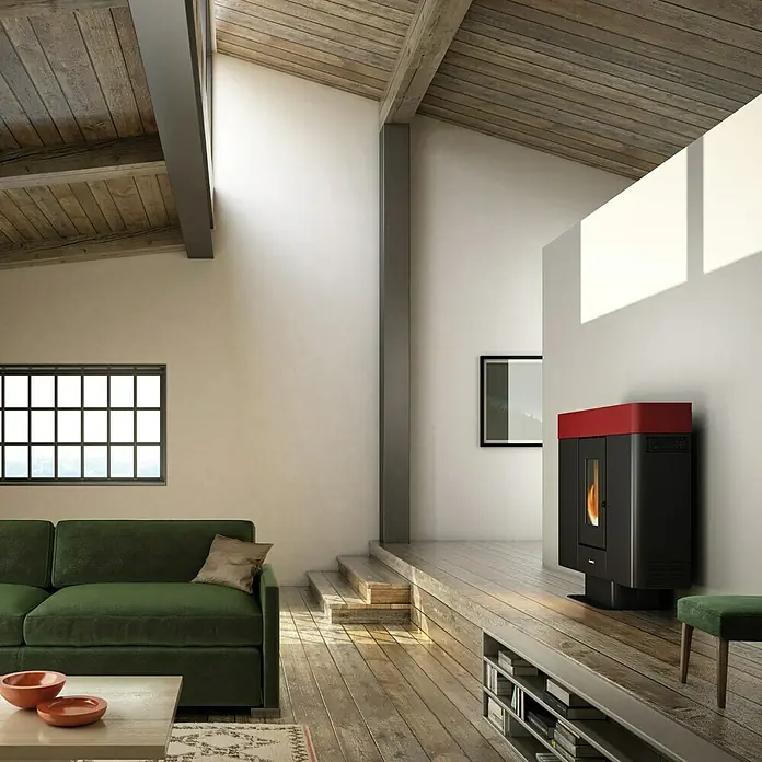 FreePoint Pelletofen Moon Airtight3 kW - 10 kW, Raumheizvermögen: 240 m³, Schwarz/Bordeaux - Ein modernes Wohnzimmer mit einem eleganten, schwarzen Kamin mit roter Akzentfarbe, der Wärme und Stil vereint.