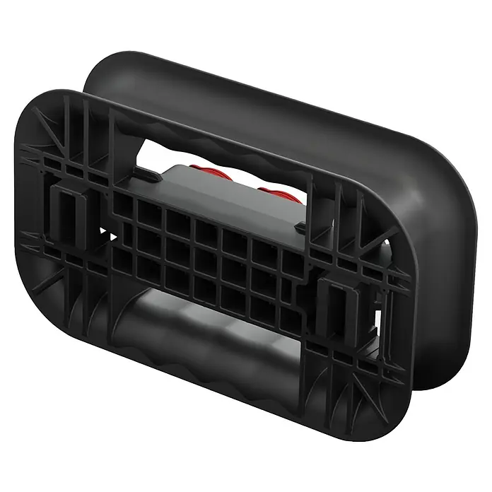 Qbrick System Kabelroller Kabelaufroller mit Elektroleiste - L x B x H: 33,3 x 19,7 x 9,2 cm - Dunkelgraues Kunststoffbauteil mit interner Gitterstruktur, abgerundeten Enden und sichtbaren roten Details.