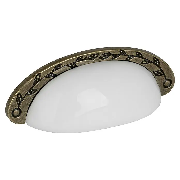 Walteco Möbelgriff Arezzo - Lochabstand: 96 mm, Porzellan, Brüniert - Antiker Messing-Muschelgriff mit weißer Keramikschale und Blätter-Design.